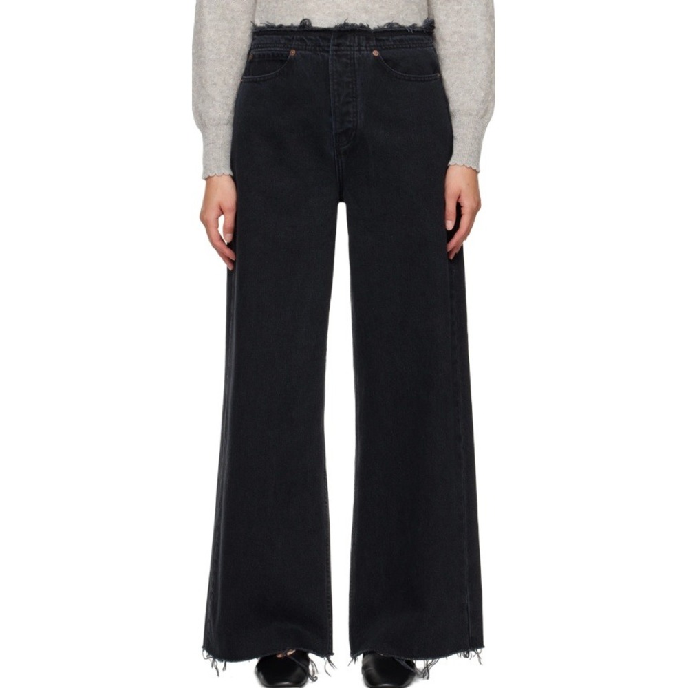 FRAME Le Low Baggy Wide Leg Jeans Black Denim Frayed Waist Button Fly Size 24
